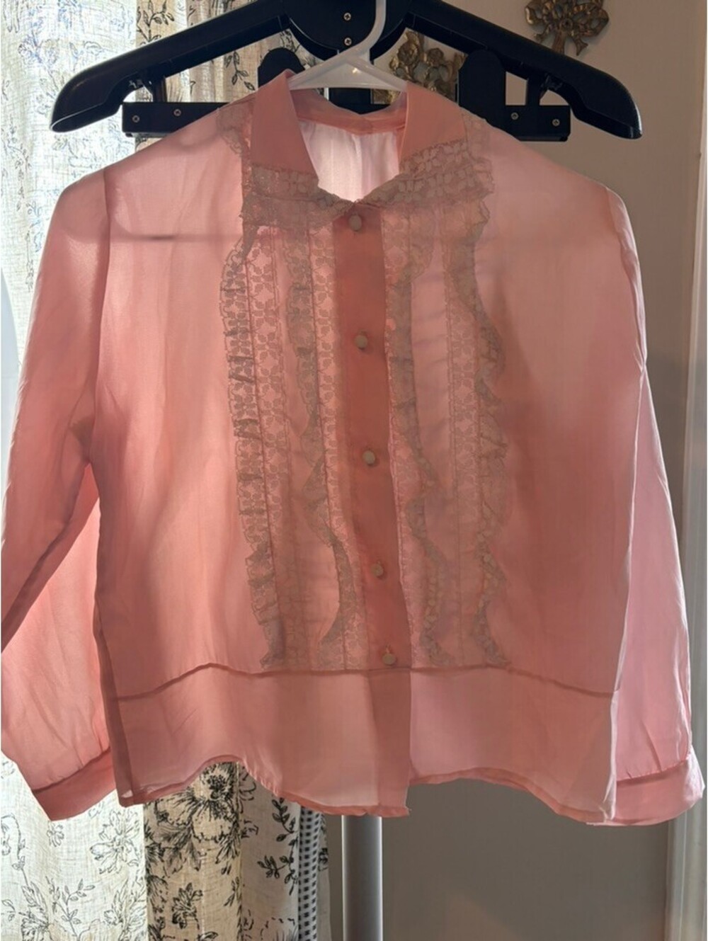 Vintage Sheer Pink Lace Ruffle Blouse | 1960s Romantic Button Front Top